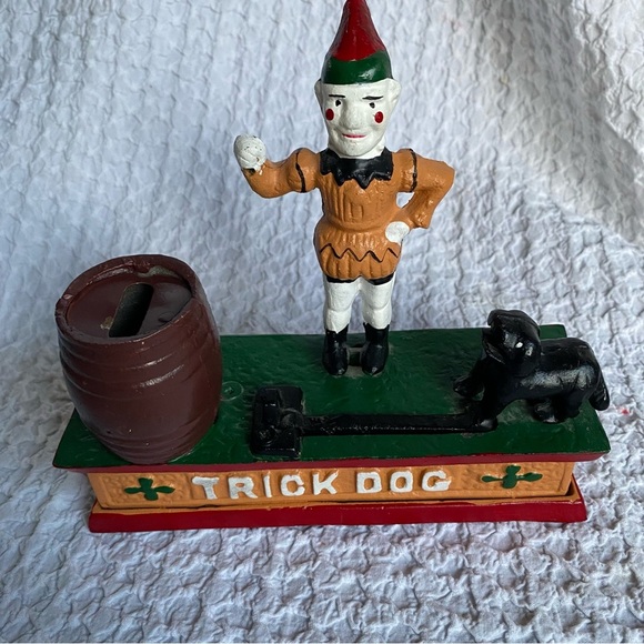 Vintage Cast Iron coin bank trick dog circus clown mechanical working coin bank - Picture 6 of 6